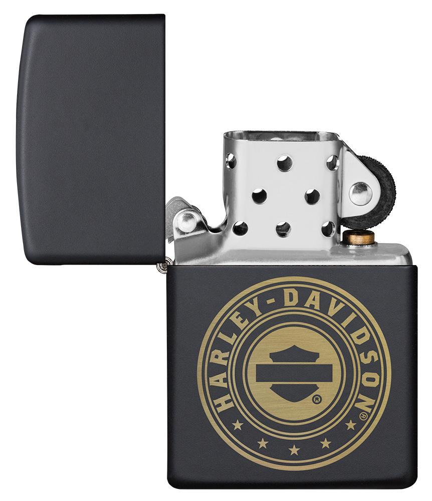 Harley-Davidson?« Laser Engrave Logo Black Matte Lighter with its lid open and not lit